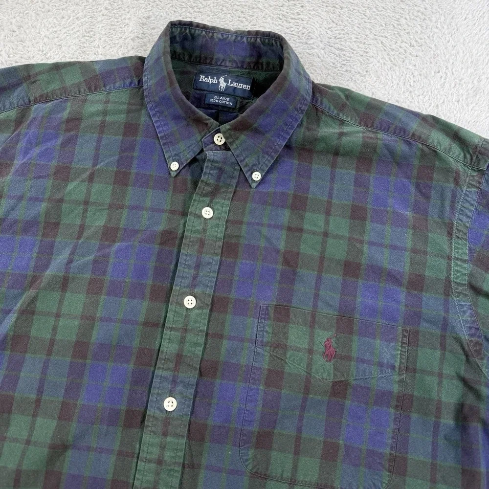 Polo Ralph Lauren Shirt Men Large Blaire Blackwatch Tartan Plaid Blue Green Pony